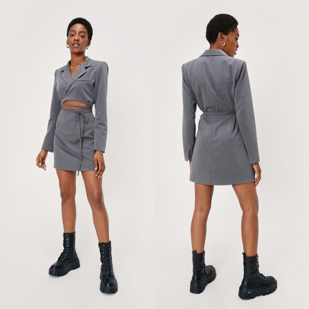 New Nasty Gal Strappy Waist Detail Cut Out Blazer Dress Size 10 Charcoal - Picture 1 of 13